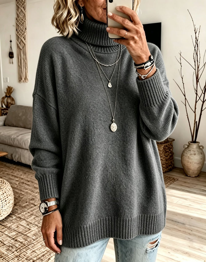 Damen Oversize Rollkragenpullover aus Feinstrick mit gerippten Bündchen und überschnittener Schulter – Mavelle