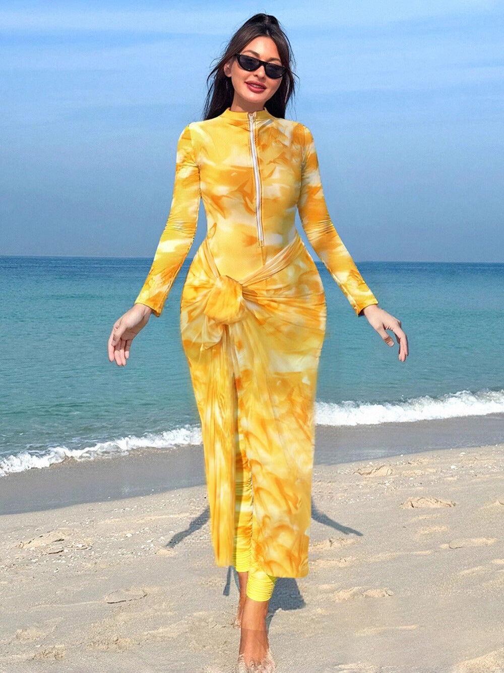Damen Modischer Strandanzug mit langem Arm und Wickeldetail Echo Archiv
