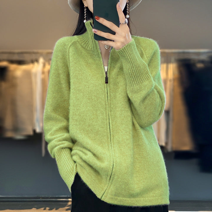 Damen Zip-Cardigan im Kaschmir‑Look mit Stehkragen und gerippten Bündchen Echoarchiv