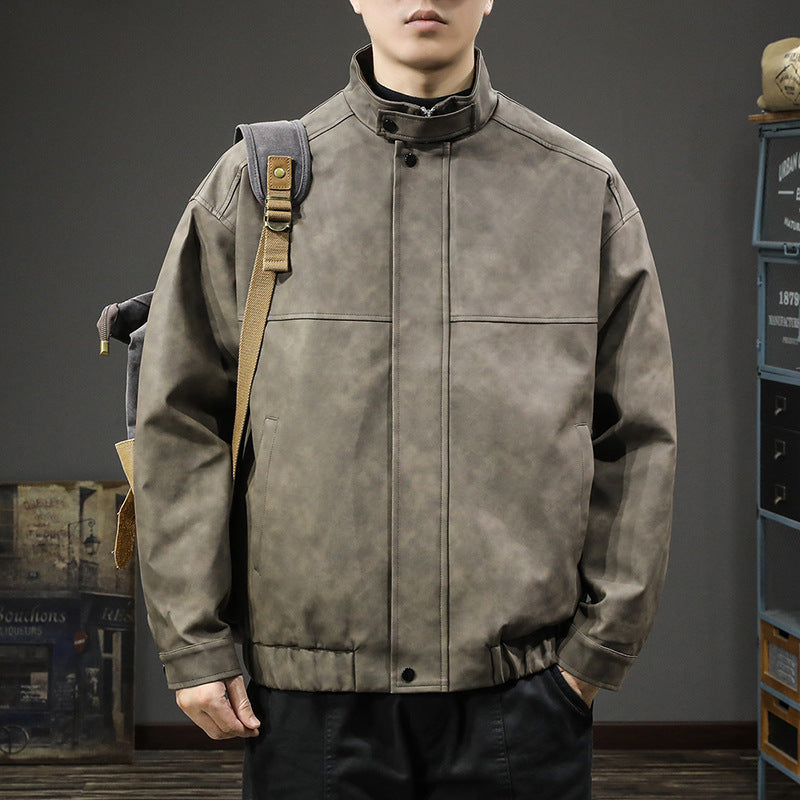 Herren Minimalistische Vintage-Kunstleder-Bomberjacke mit Stehkragen und verdeckter Druckknopfleiste Echoarchiv