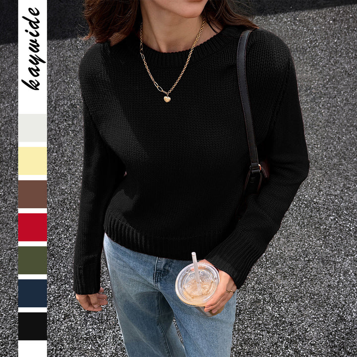 Damen gestrickter Feinstrick-Pullover mit Rundhalsausschnitt, leichter Oversize-Passform und gerippten Bündchen – Mavelle