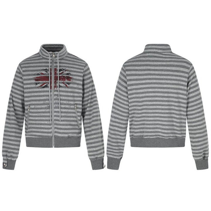 Damen Gestreifte Zip-Sweatjacke mit Stehkragen, Reißverschlusstaschen und Vintage-Flaggenprint Echoarchiv