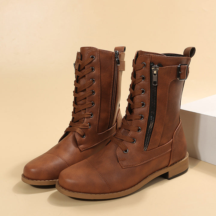 Damen nan knöchelhohe Schnür‑Combat‑Stiefelette mit seitlichem Doppelreißverschluss und verstellbarem Schnallenriemen Echo Archiv