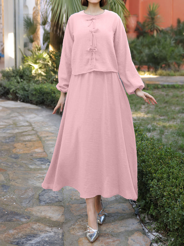 Damen Langes Zweiteiliges Maxikleid mit Überwurf, Rundhals und Zierknoten – Valéora