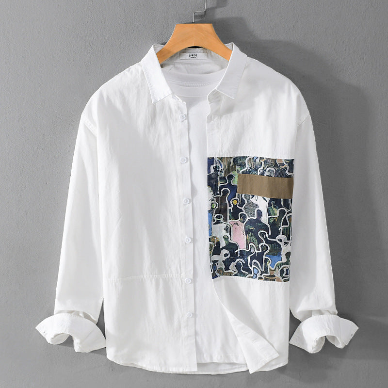 Herren Baumwollhemd mit großem Kunst-Print-Brustpatch und Kentkragen Echoarchiv