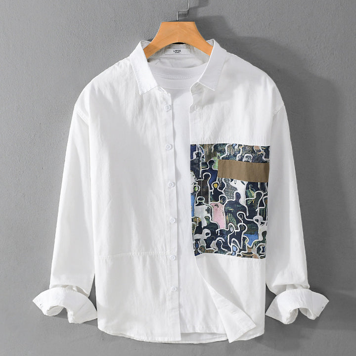 Herren Baumwollhemd mit großem Kunst-Print-Brustpatch und Kentkragen Echoarchiv