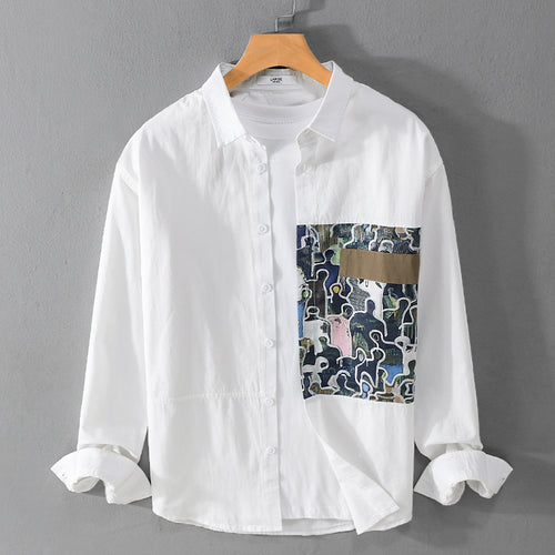 Herren Baumwollhemd mit großem Kunst-Print-Brustpatch und Kentkragen Echoarchiv