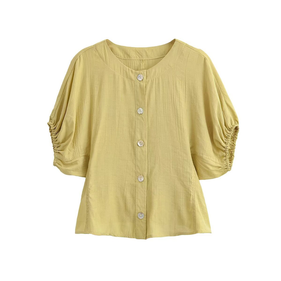 Damen Leichtes Crinkle-Blusen-Shirt mit Knopfleiste und gerafften Ballonärmeln Echo Archiv