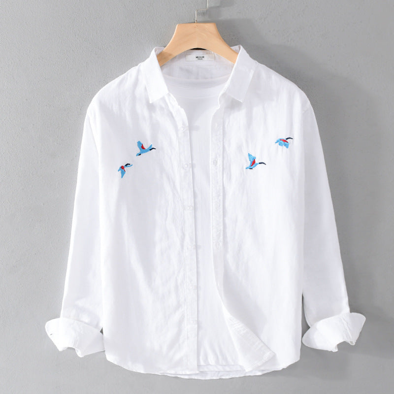 Herren Leichtes Leinenhemd mit feiner Vogelstickerei und Relaxed Fit Echoarchiv