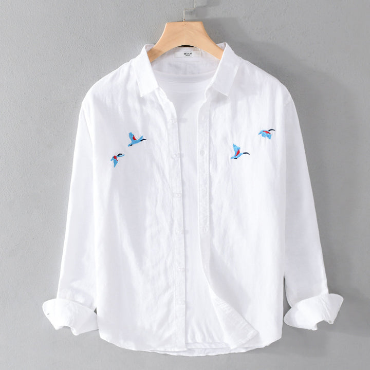 Herren Leichtes Leinenhemd mit feiner Vogelstickerei und Relaxed Fit Echoarchiv