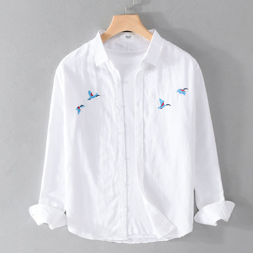 Herren Leichtes Leinenhemd mit feiner Vogelstickerei und Relaxed Fit Echoarchiv