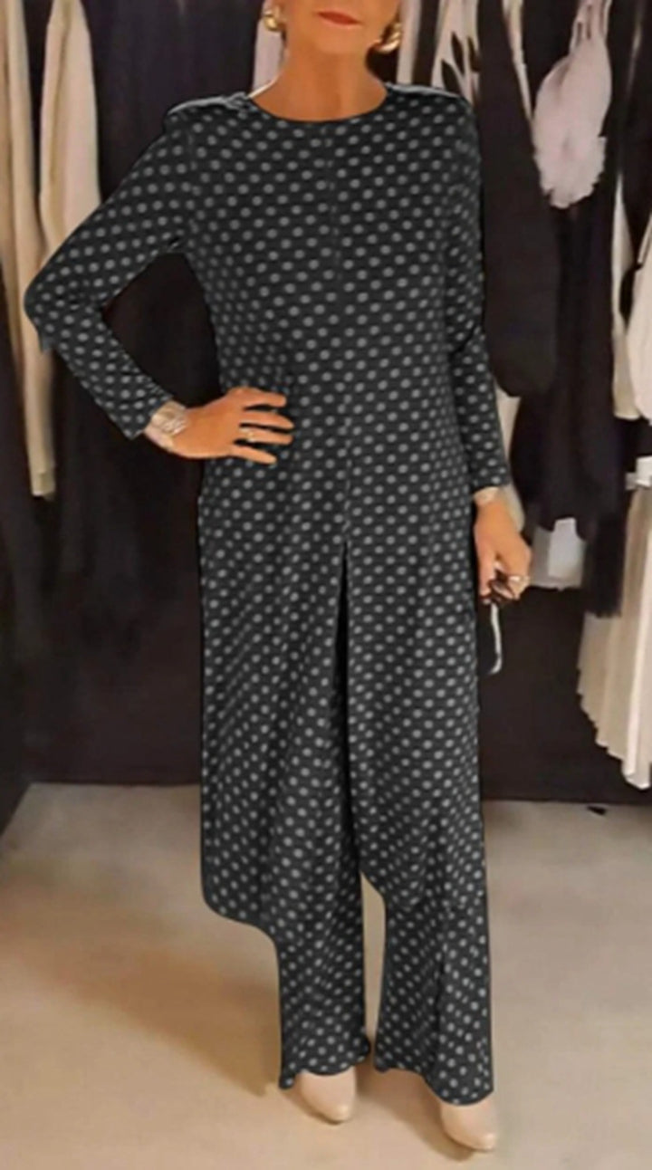 Damen nan Pünktchen-Lounge-Ensemble mit langer A-Linien-Tunika, mittigem Frontschlitz und weiter Palazzohose Echo Archiv