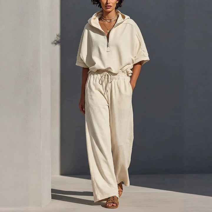 Damen Lässiges Lounge-Set mit Kapuzenpullover mit halbem Reißverschluss und weiter Palazzohose Echoarchiv