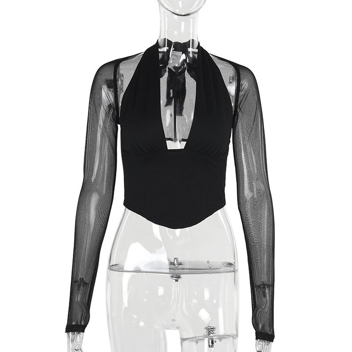 Damen Cropped-Top mit transparenten Ärmeln und tiefem V-Ausschnitt Echo Archiv