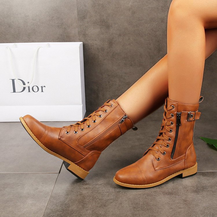 Damen Schnürstiefel mit seitlichem Reißverschluss und Zier-Riemen knöchelhoch Vintage-Bikerstiefel Echo Archiv
