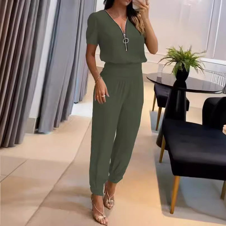 Damen Jumpsuit mit V-Ausschnitt und Gummizug Echoarchiv
