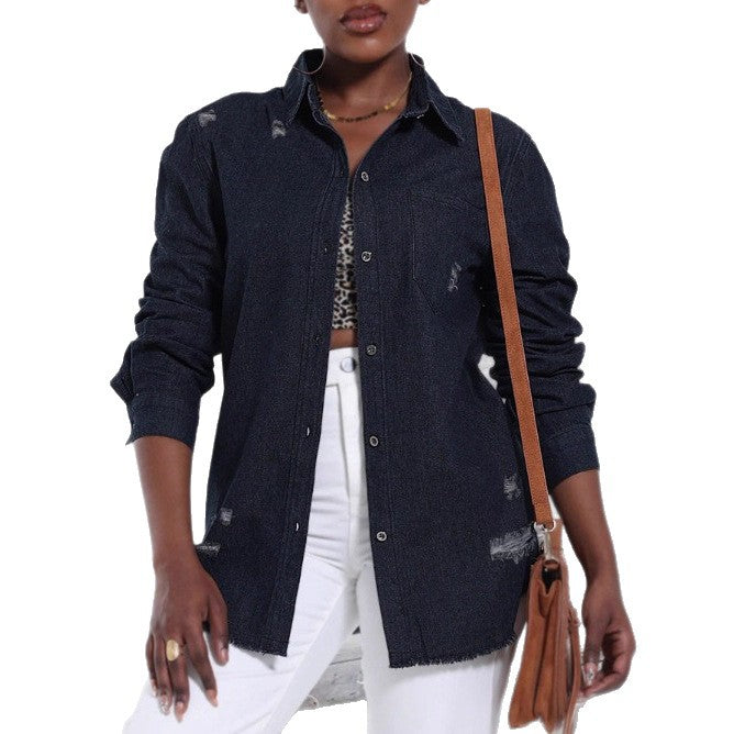 Damen Oversize-Denim-Hemdjacke mit Used-Effekten und rohem Saum Echo Archiv