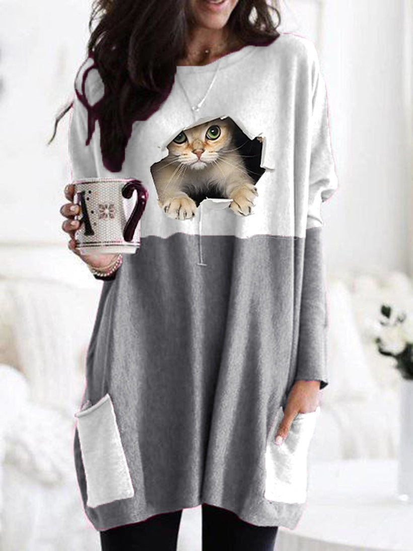 Frauen Längerer Colorblock Strickpullover mit Katzenmotiv und aufgesetzten Taschen Echoarchiv