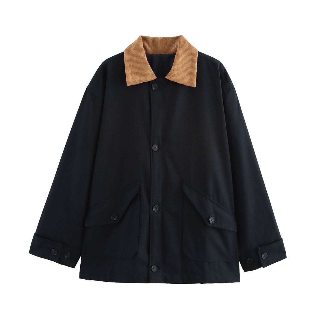 Damen kastige Utility-Overshirtjacke mit kontrast Cordkragen und aufgesetzten Pattentaschen – Célinea