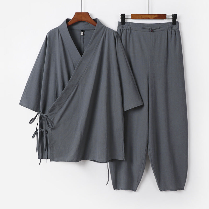 Unisex Leichtes Wickel-Lounge-Set im Kimono-Stil mit seitlichen Bindebändern und elastischer konisch zulaufender Hose Echoarchiv