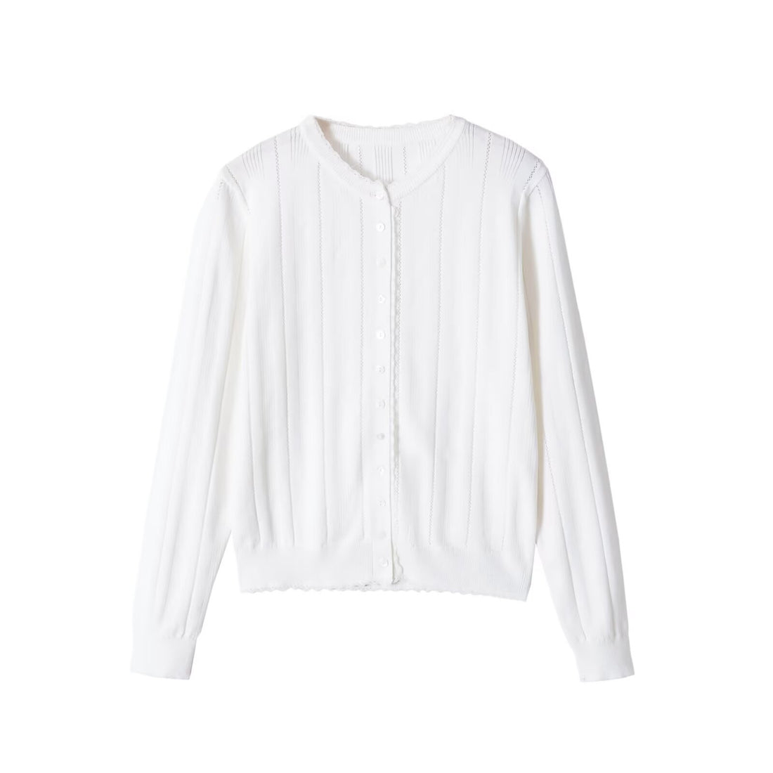 Damen Leichte Feinstrick-Cardigan mit Knopfleiste, Spitzenkante und Rippstruktur Echo Archiv