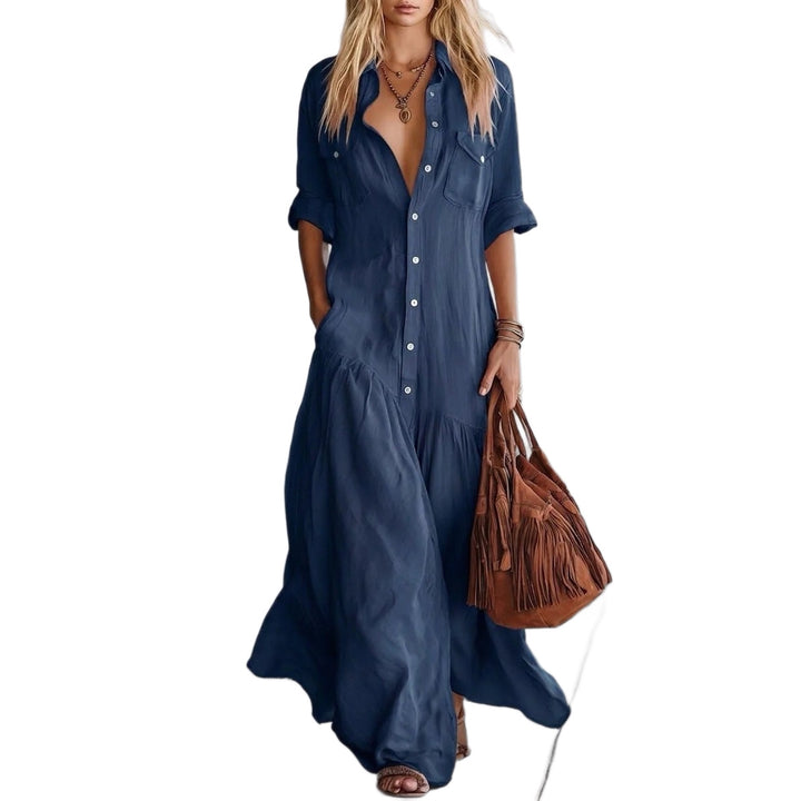 Damen Langes fließendes Hemdblusen-Maxikleid mit Knopfleiste, aufgesetzten Brusttaschen und seitlichen Eingrifftaschen Echoarchiv