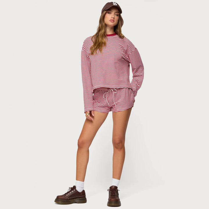 Damen Lässiges Streifen-Loungewear-Set mit langärmligem Oberteil und kurzer Hose Echo Archiv