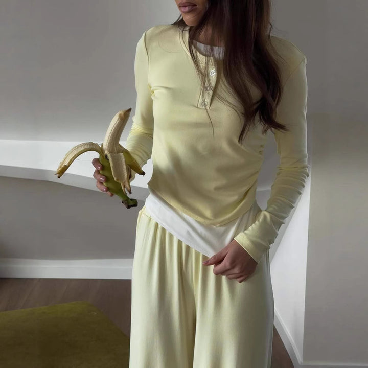 Damen Loungewear-Set aus weichem Modal mit Henley-Knopfleiste und weitem High‑Waist Loungehose – Élanora