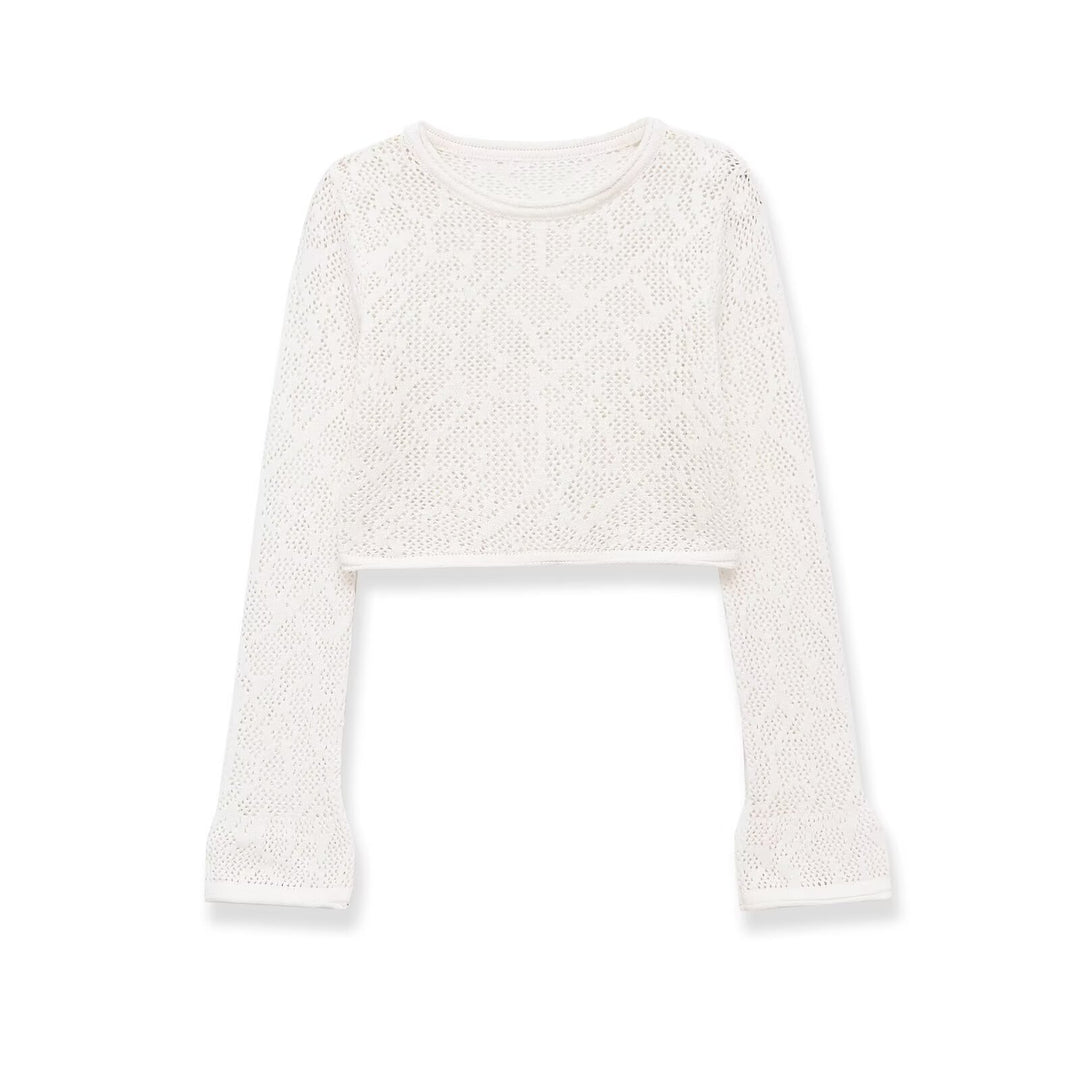 Damen gehäkeltes Cropped-Strickoberteil mit Trompetenärmeln Echo Archiv