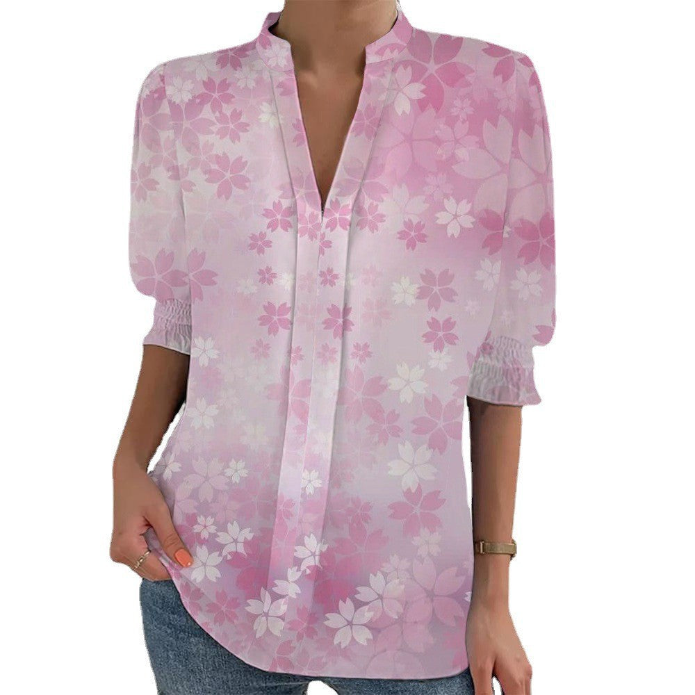 Damen Blumenprint Tunika-Bluse mit Stehkragen, geschlitzter V‑Blende und gerafften 3/4-Ärmeln – Élovi