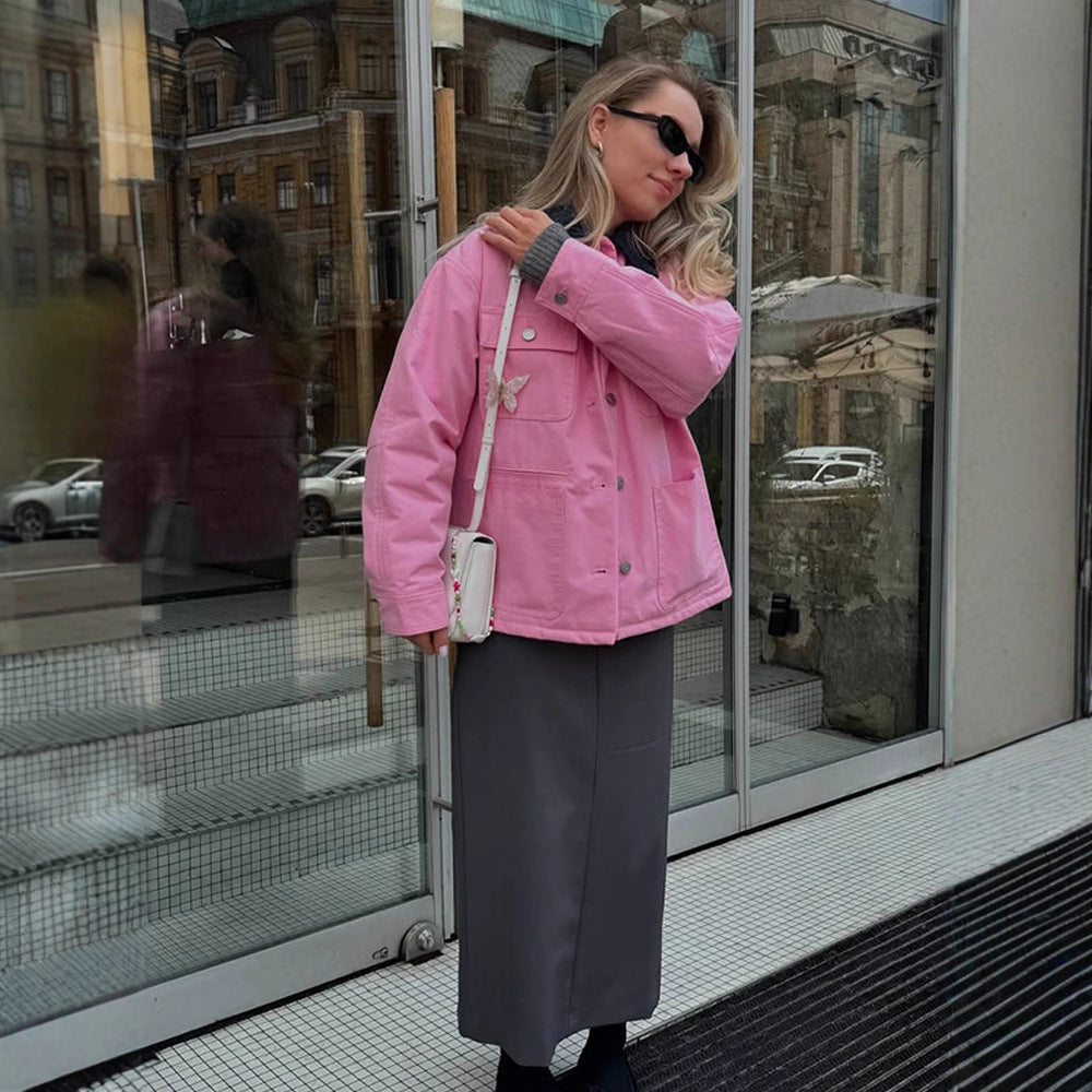 Damen Boxy Overshirt-Jacke mit aufgesetzten Taschen & Metallknopfleiste Echoarchiv