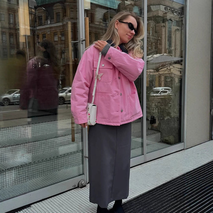 Damen Boxy Overshirt-Jacke mit aufgesetzten Taschen & Metallknopfleiste Echoarchiv