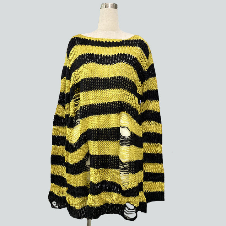 Damen nan Oversized Grobstrickpullover mit breiten Blockstreifen und aufgerissenem Design Echo Archiv