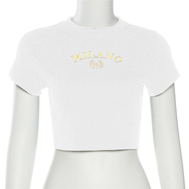 Damen cropped T-Shirt mit gesticktem Schriftzug und rundem Ausschnitt Echo Archiv