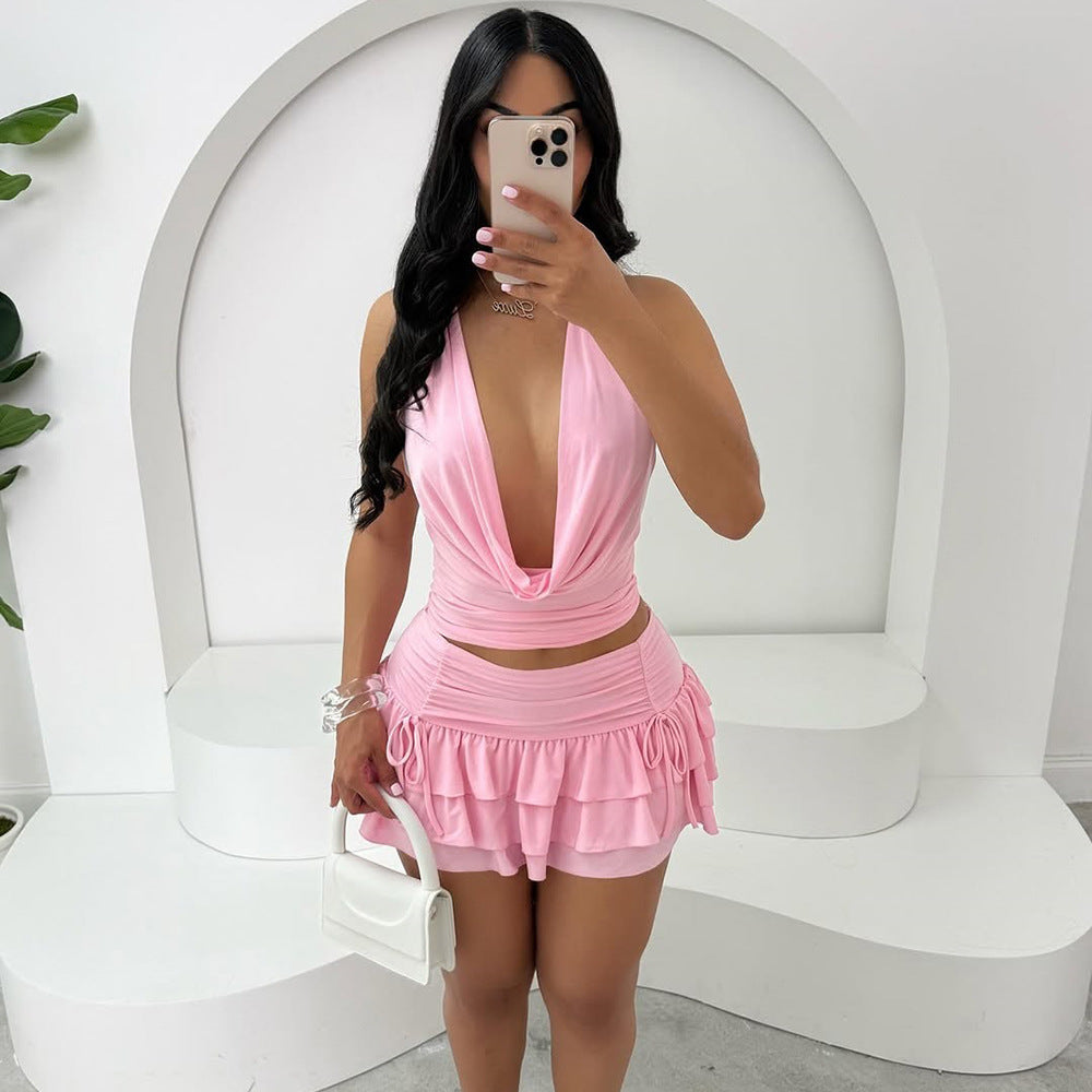 Damen Minikleid mit tiefem V-Ausschnitt und voluminösem Rüschensaum Echo Archiv