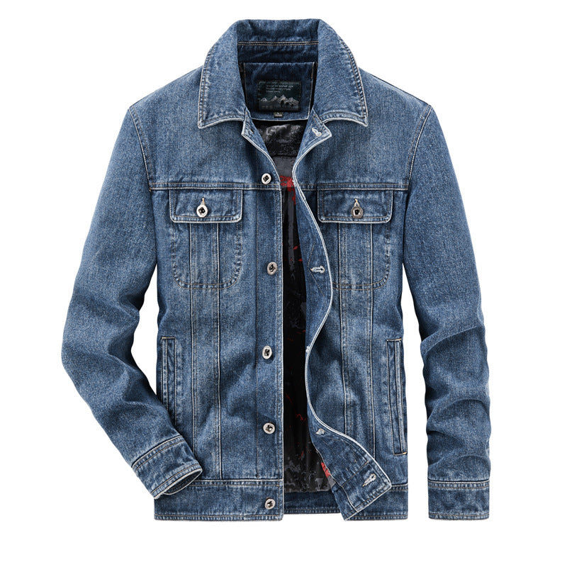 Herren Jeansjacke im Vintage‑Washed Denim mit bedrucktem Innenfutter und Brustklappentaschen – Denvaro