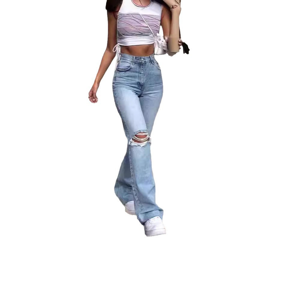 Damen Vintage Schlagjeans mit modischen Rissdetails und hohem Bund Echo Archiv