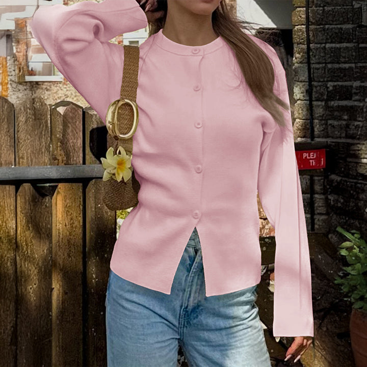 Damen taillierte Strickjacke mit asymmetrischer Knopfleiste und Rundhalsausschnitt – Veloura