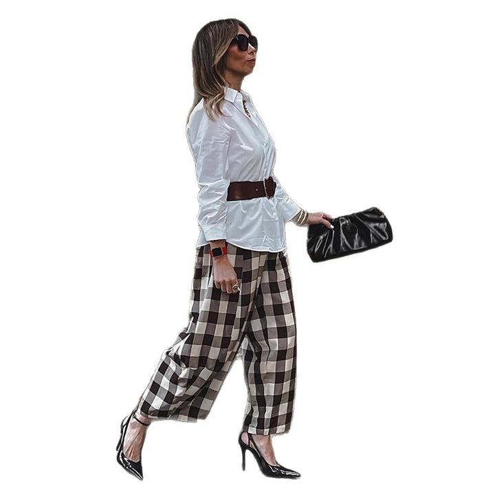 Damen Karo-Hochtaillierte Palazzo-Hose mit weitem Bein & Bundfalten Echoarchiv