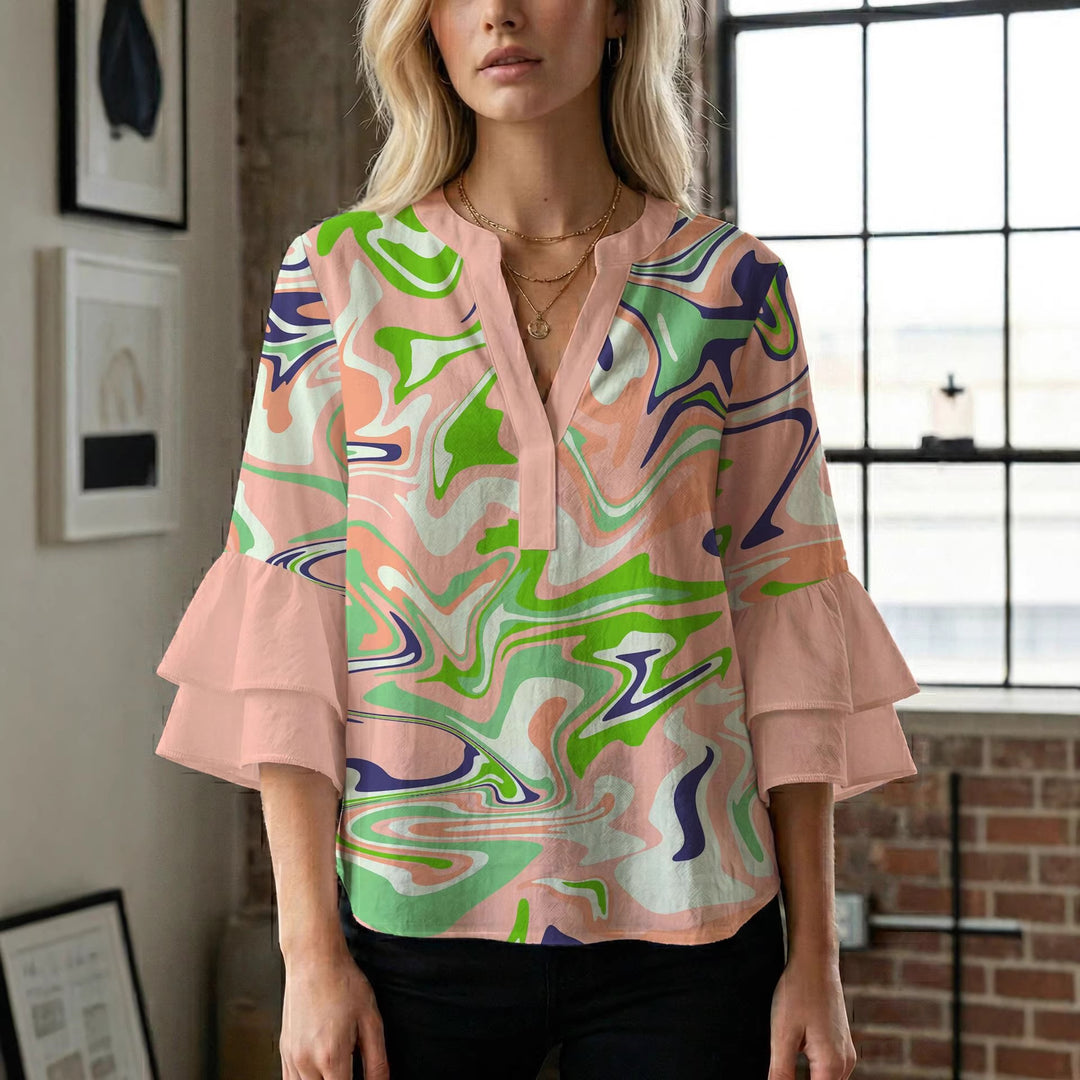 Damen Blusenshirt mit voluminösen Ärmeln und kreativem Druckdesign Echo Archiv