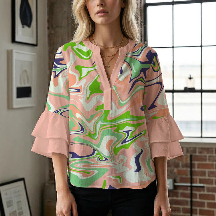 Damen Blusenshirt mit voluminösen Ärmeln und kreativem Druckdesign Echo Archiv