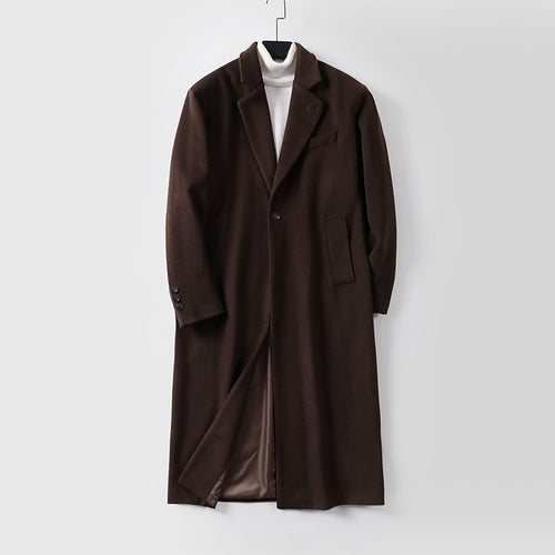 Herren Eleganter langer Einreiher-Wollmantel mit schmalem Revers und taillierter Silhouette Echoarchiv