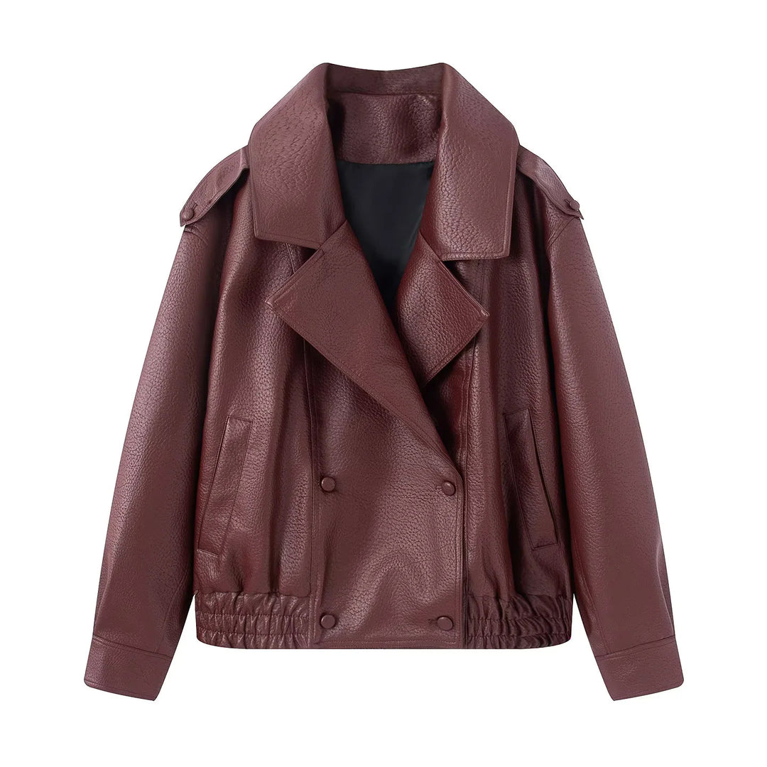 Damen nan cropped zweireihiger Kunstleder-Blouson mit breitem Revers und elastischem Saum Echo Archiv
