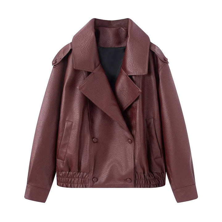 Damen nan cropped zweireihiger Kunstleder-Blouson mit breitem Revers und elastischem Saum Echo Archiv