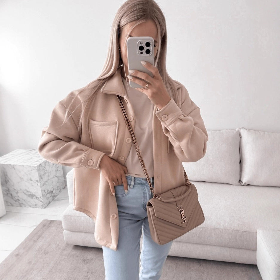 Damen Oversized Hemdjacke Shacket aus weichem Wollmix mit aufgesetzten Brusttaschen Echoarchiv