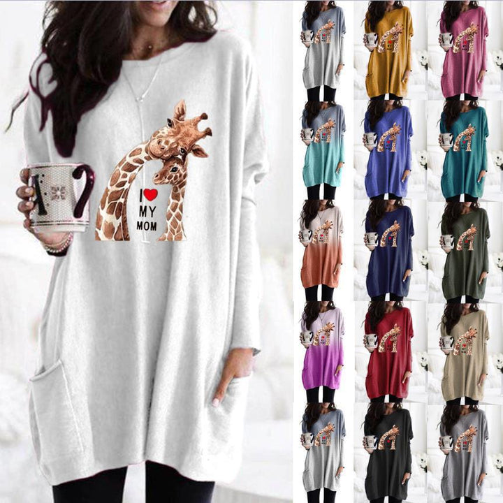 Frauen Übergroße Sweatkleid mit Giraffenmuster, Rundhalsausschnitt und Seitentaschen Echoarchiv