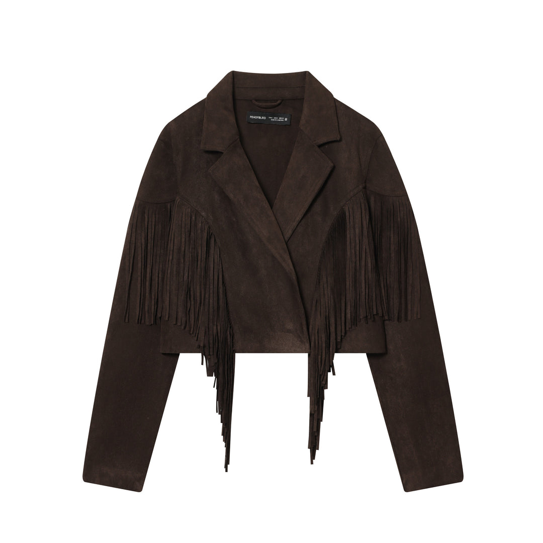 Damen kurze Wildlederjacke mit Reverskragen, kastigem Cropped‑Schnitt und dekorativen Fransen – Célinea