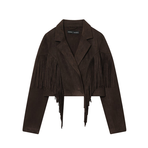 Damen kurze Wildlederjacke mit Reverskragen, kastigem Cropped‑Schnitt und dekorativen Fransen – Célinea