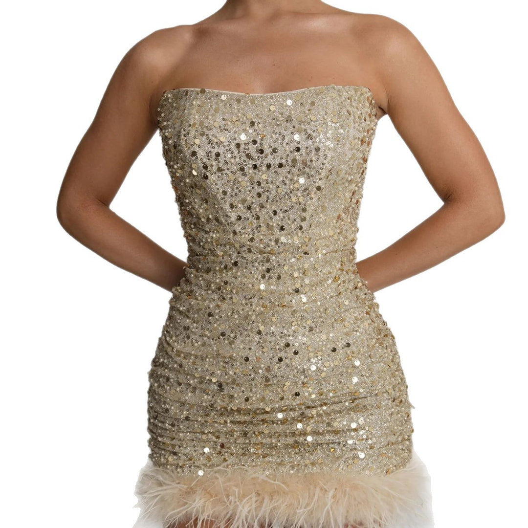 Damen Glamouröses Cocktailkleid mit Pailletten und Federkragen Echo Archiv