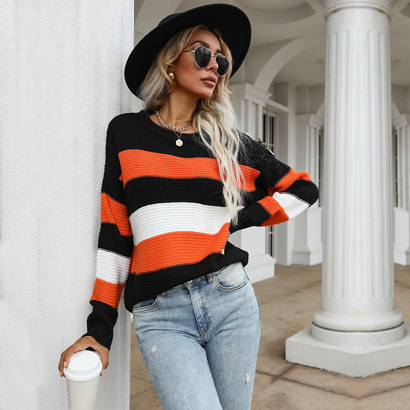 Damen Breitgestreifter Strickpullover im Fisherman‑Look mit gerippter Textur und überschnittener Schulter Echoarchiv